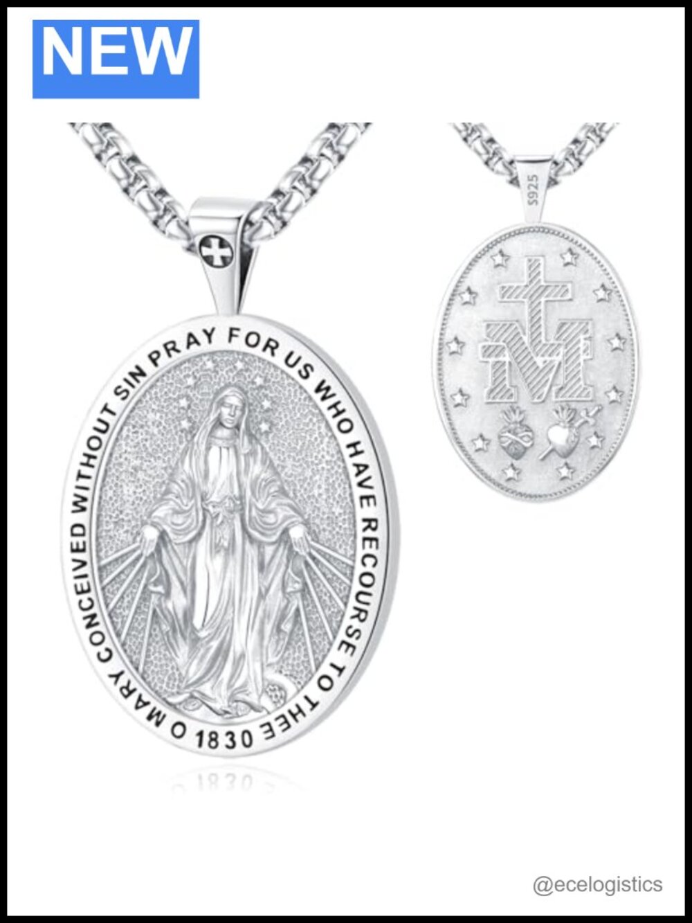 Sterling Silver Miraculous Medal Virgin Mary Necklace